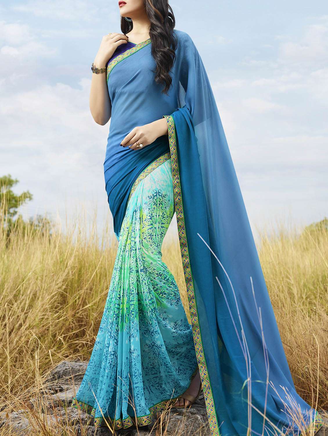 printed half and half saree