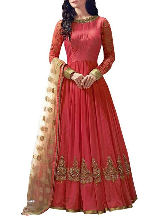 pink goergette semi-stitched anarkali suit