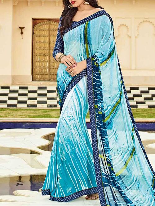 blue georgette printed saree with blouse - 14123658 - Standard Image - 0