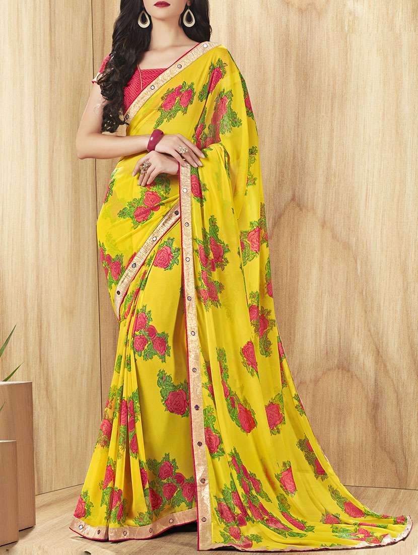 yellow printed saree with blouse