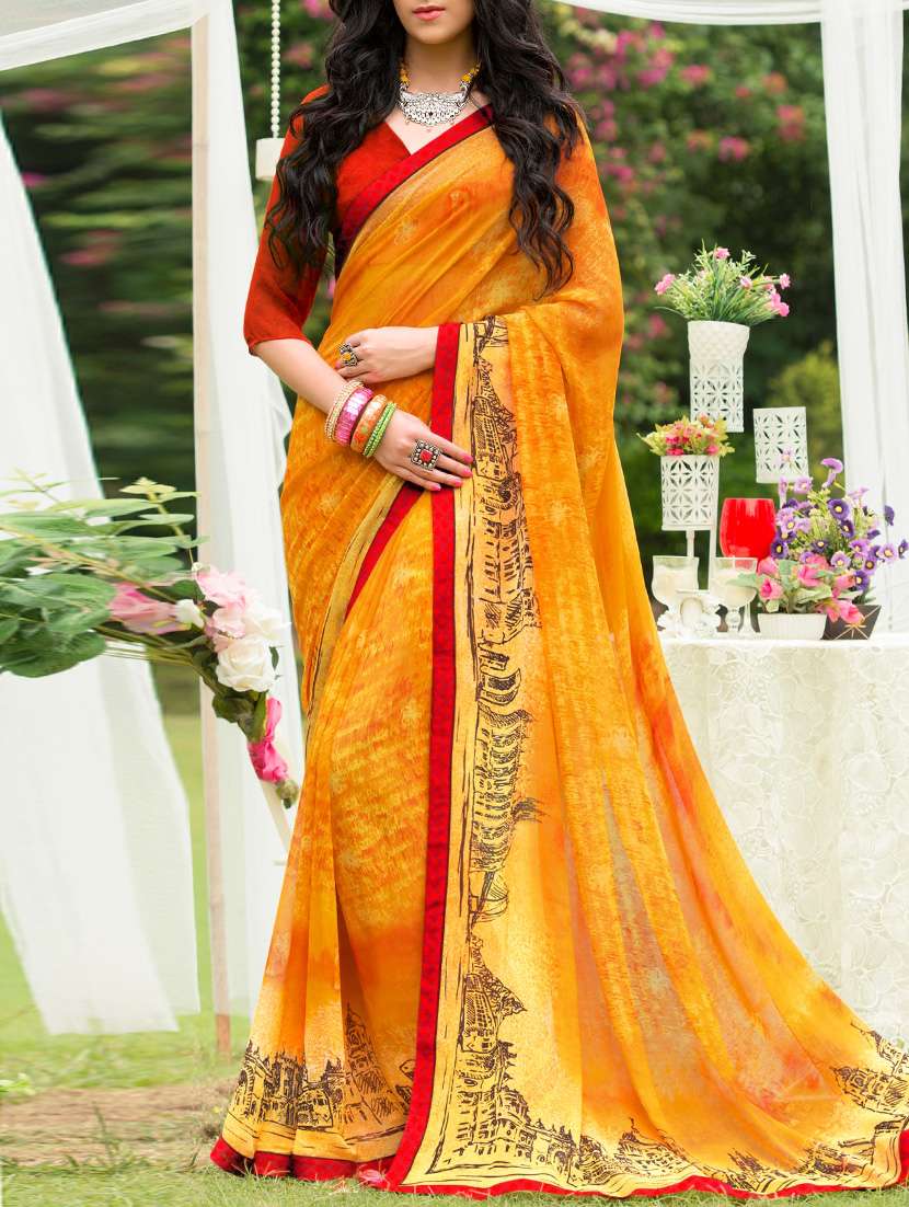 Contrast bordered printed saree with blouse