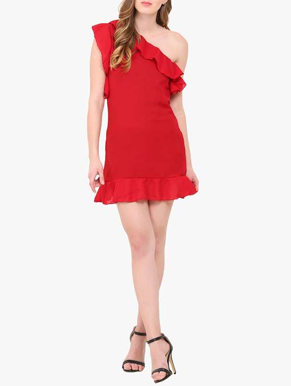 red georgette ruffle dress