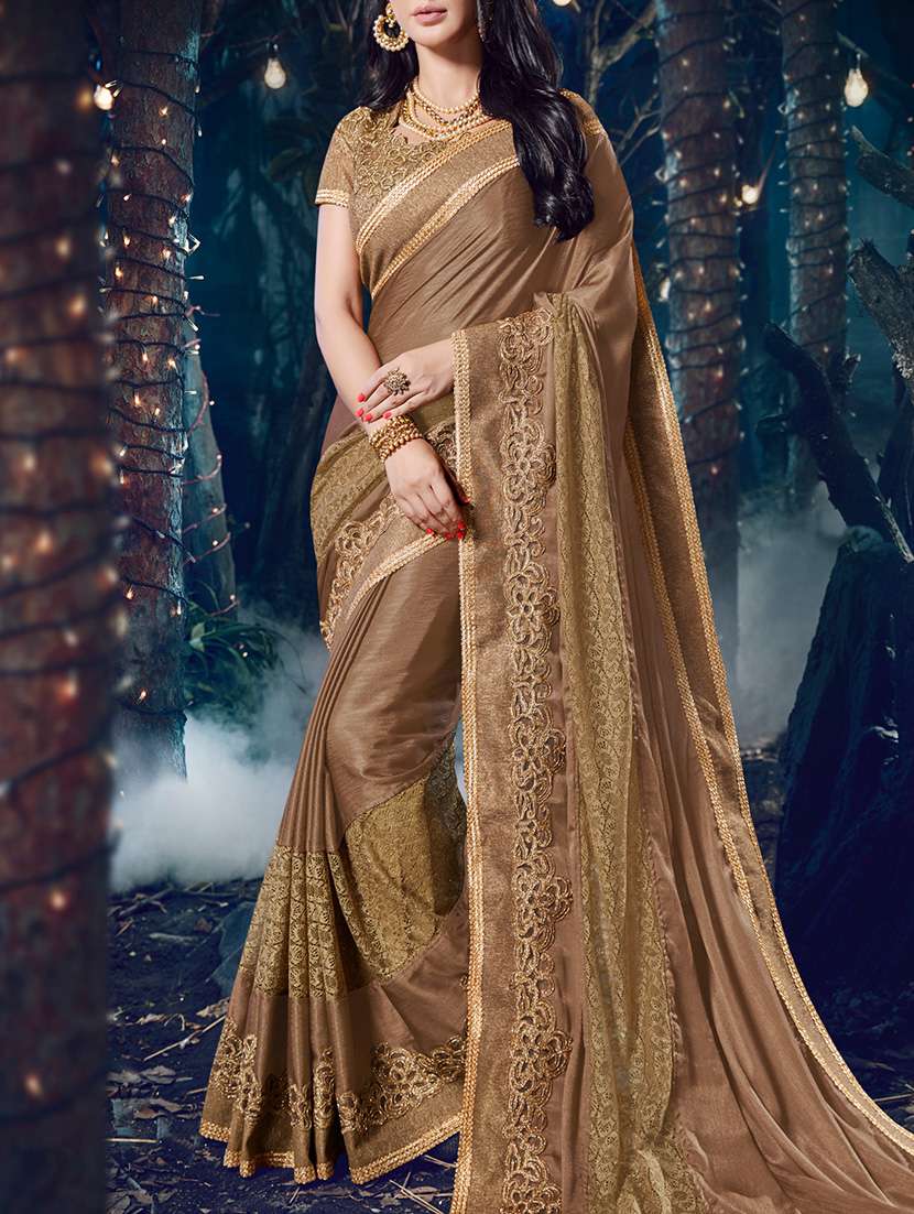 Brown chiffon embroidered saree with blouse