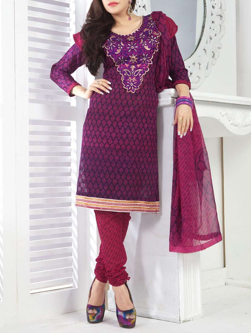 purple cotton embroidered dress material