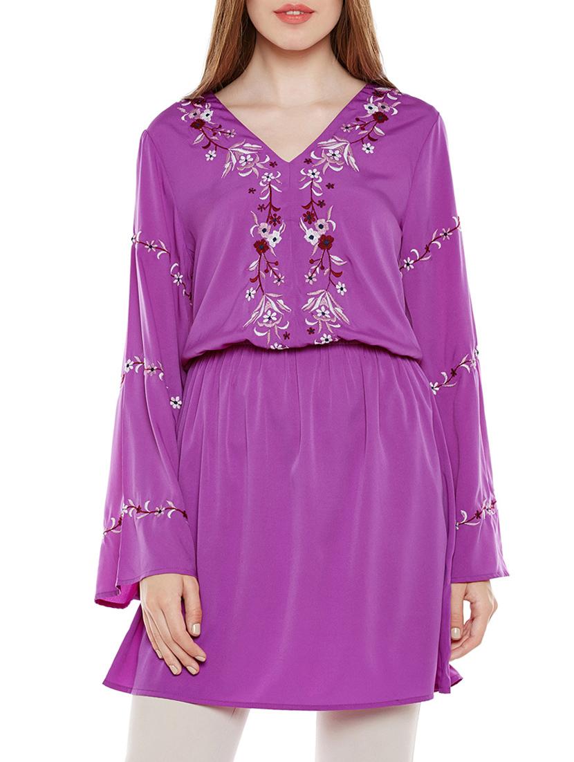 purple solid blouson tunic - 14137835 - Zoom Image - 0