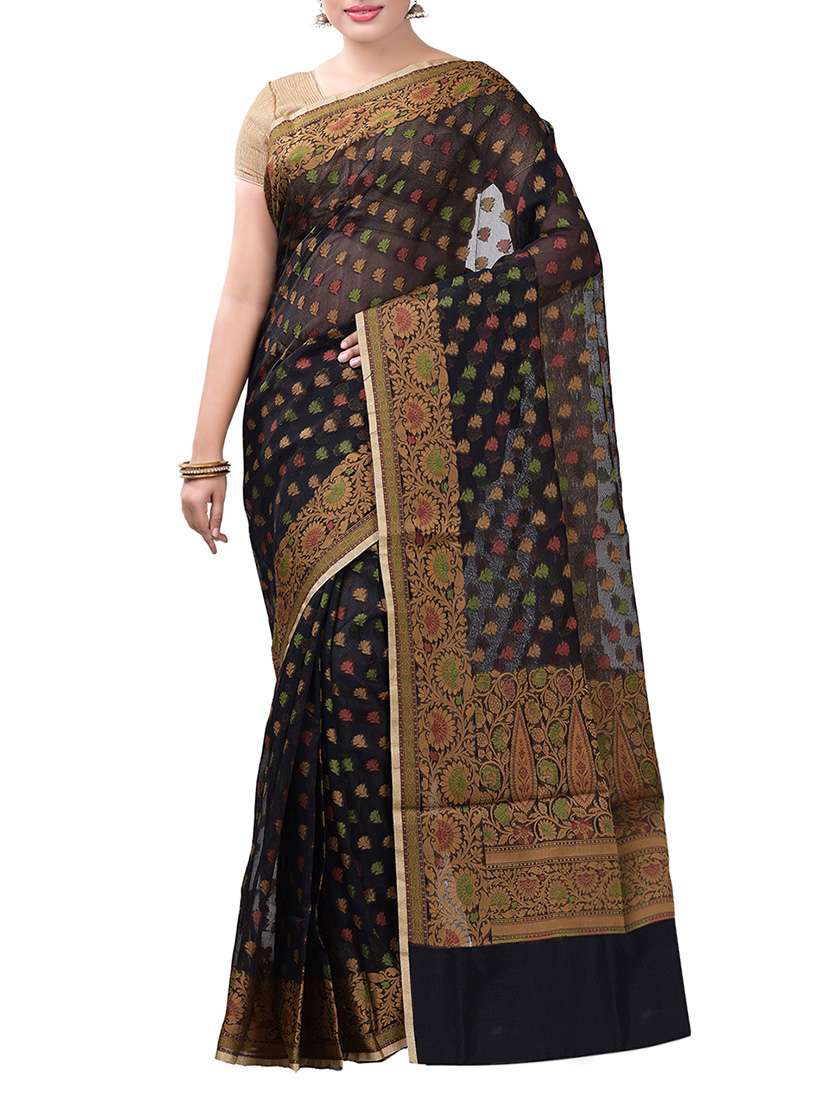 black cotton blend woven saree with blouse