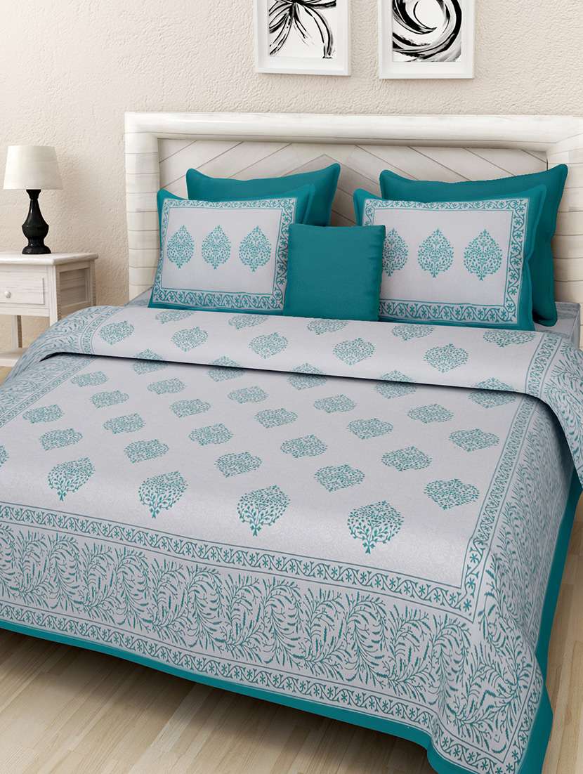 tradional block print white and sea green king bed sheet with two pillow covers