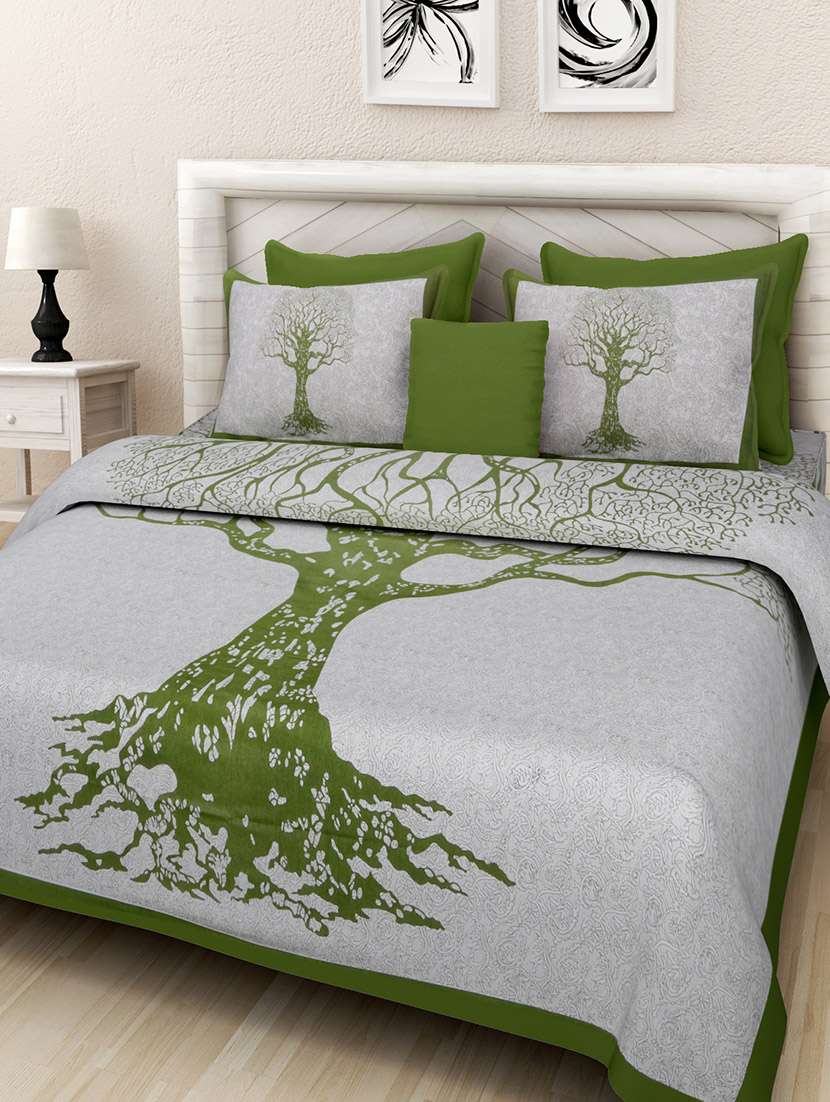 screen print white and green king bed sheet with two pillow covers