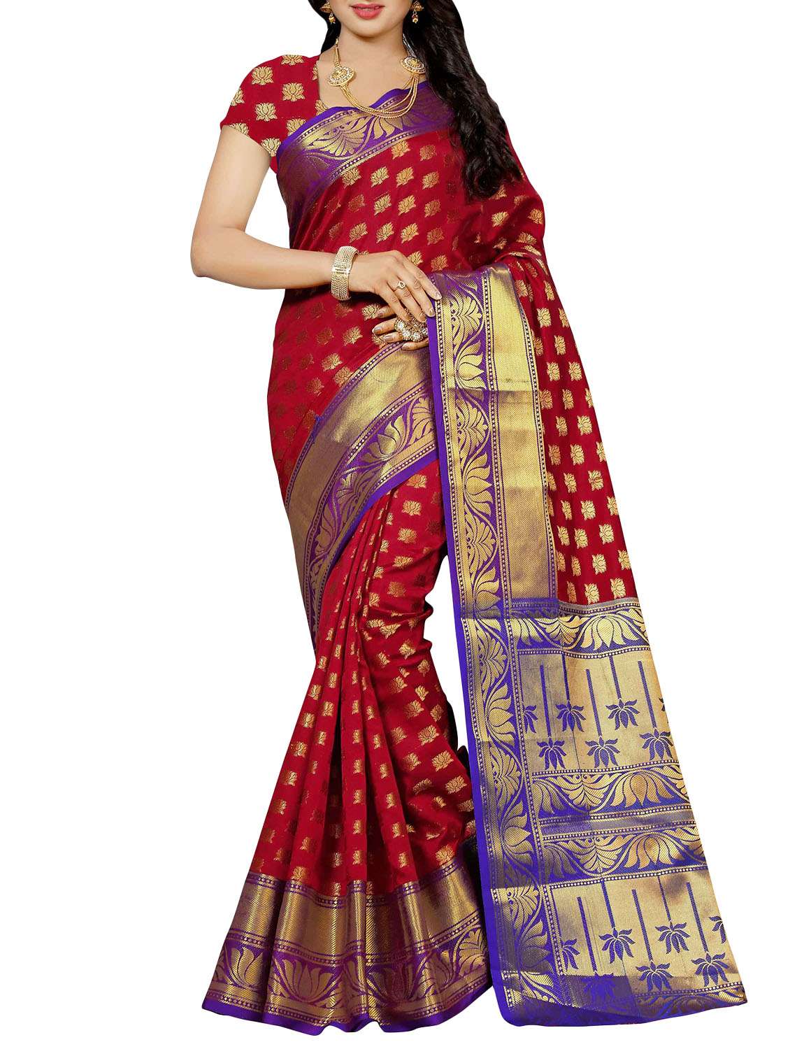 red zari jacquard cotton silk saree with blouse