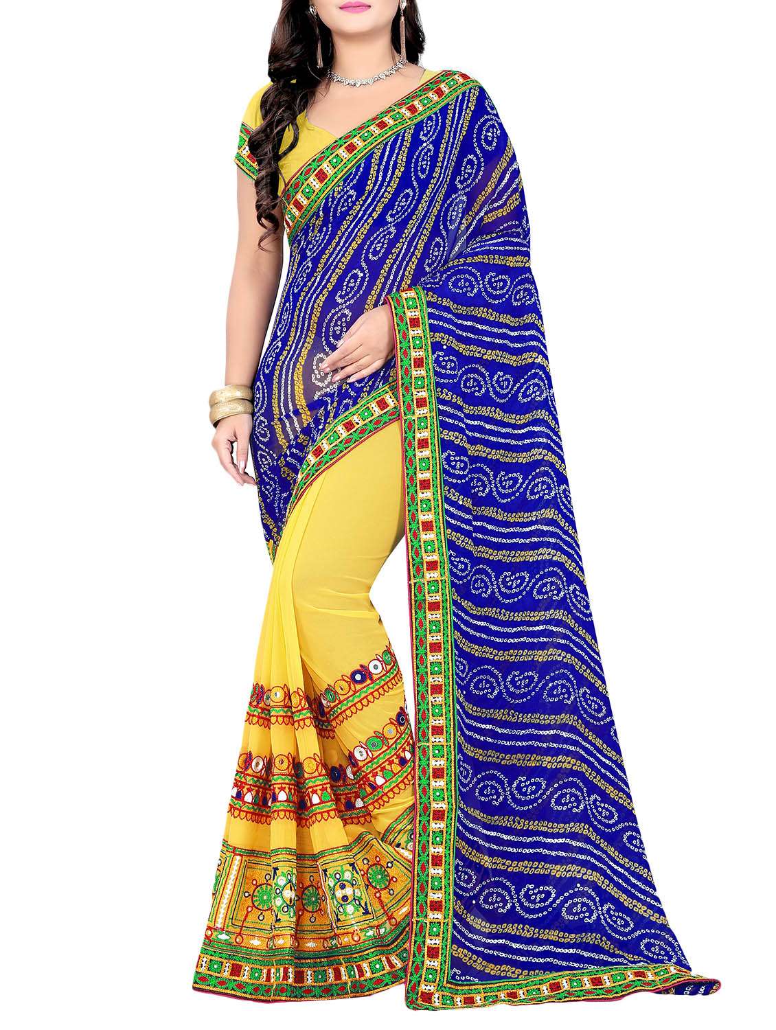 women's bandhani royal blue colored saree with blouse