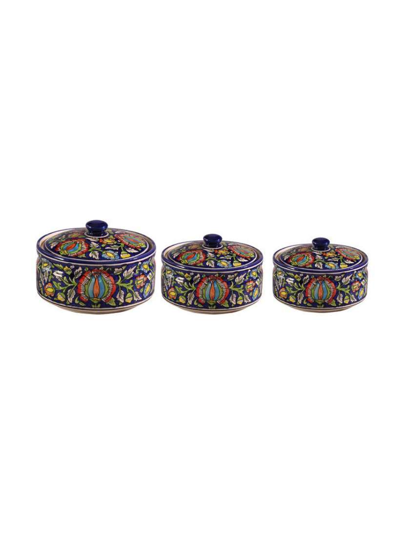 serving donga casserole ceramic/stoneware in blue jaipuri (1 large, 1 medium & 1 small) (set of 3) handmade by caffeine