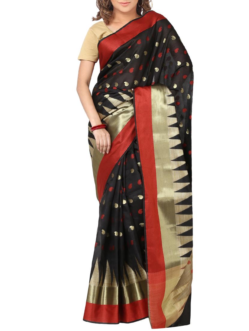 black silk blend banarasi saree with blouse - 14173642 - Zoom Image - 0