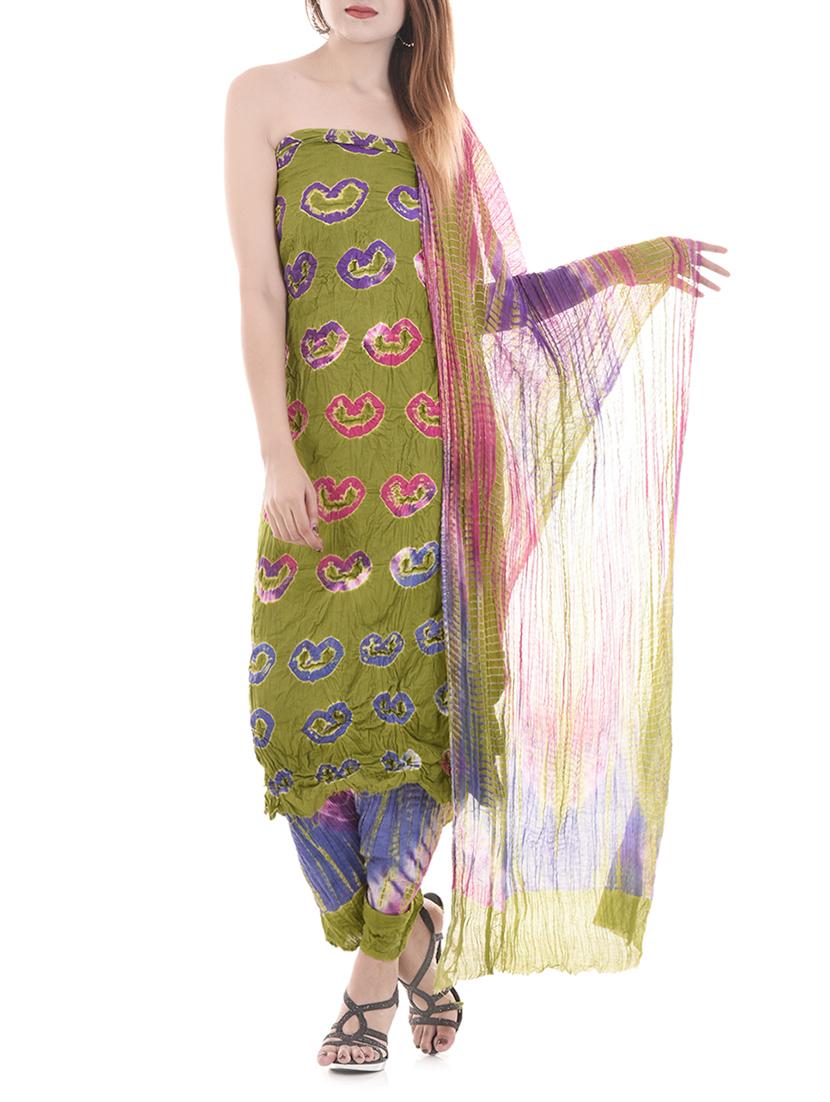 mehandi green cotton tie & dye dress material (unstitched) - 14174675 -  Zoom Image - 0