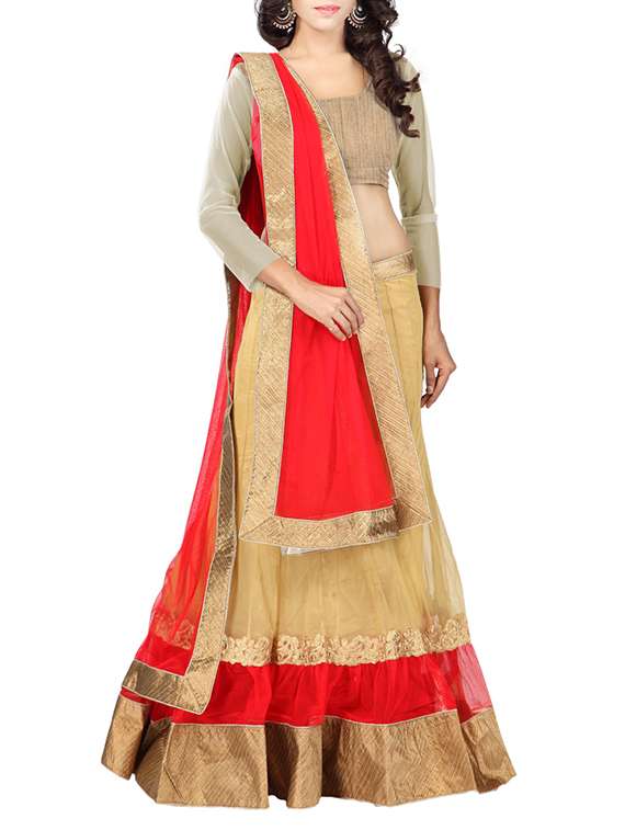 beige net flared lehenga