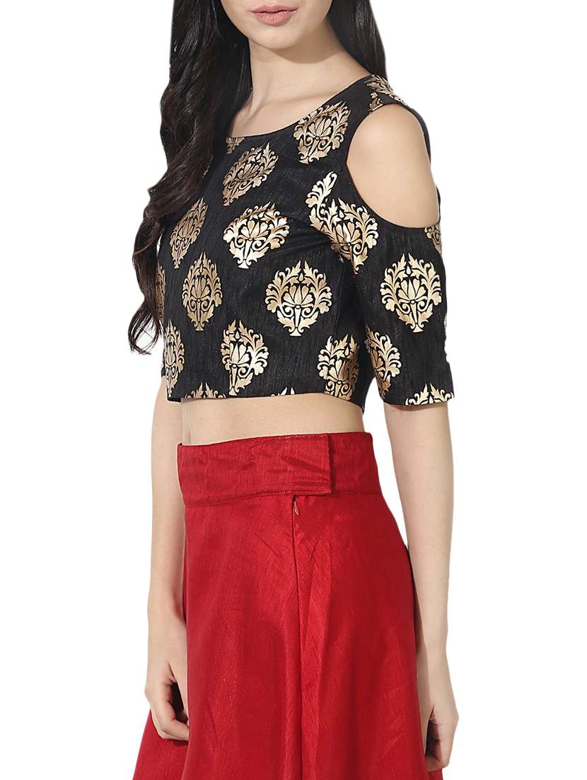 Black Silk Blend Printed Stitched Blouse