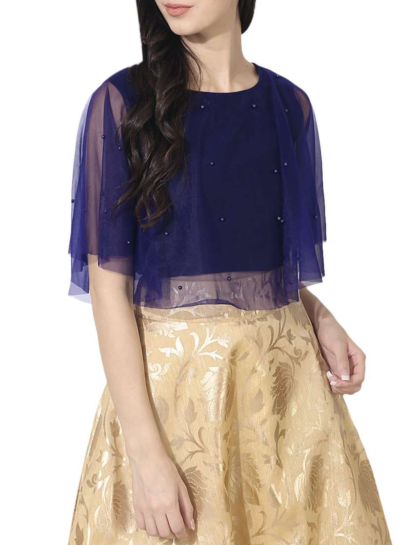 Blue Silk Blend Embellished Stitched Blouse