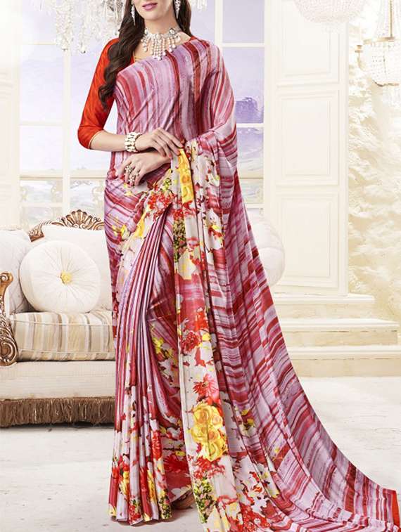 red printed georgette saree with blouse