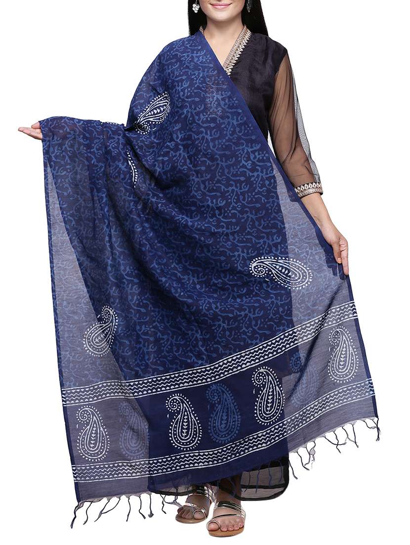 indigo blue cotton printed dupatta