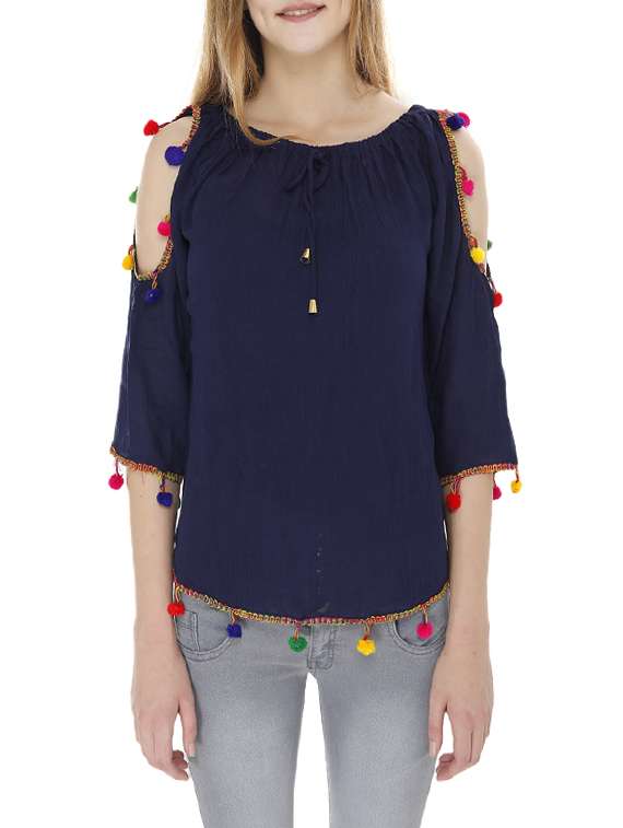 cold shoulder pom pom detail top