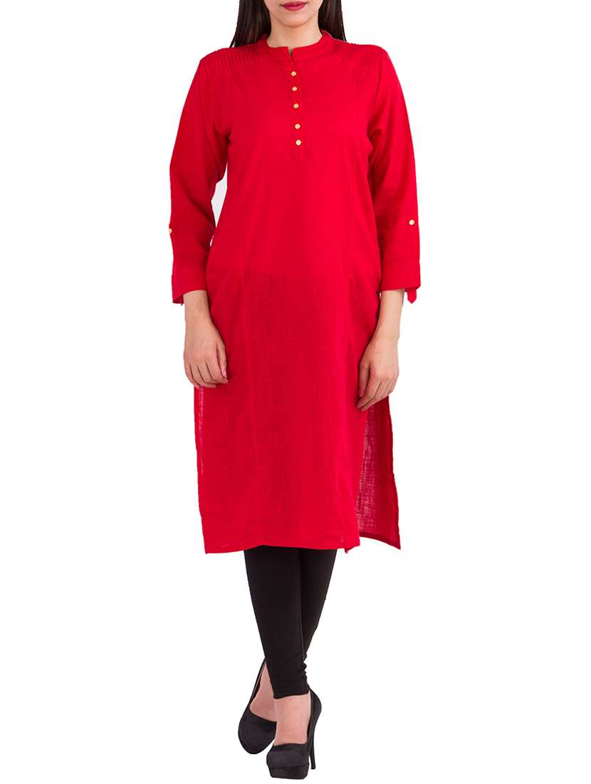 red cotton straight solid kurta