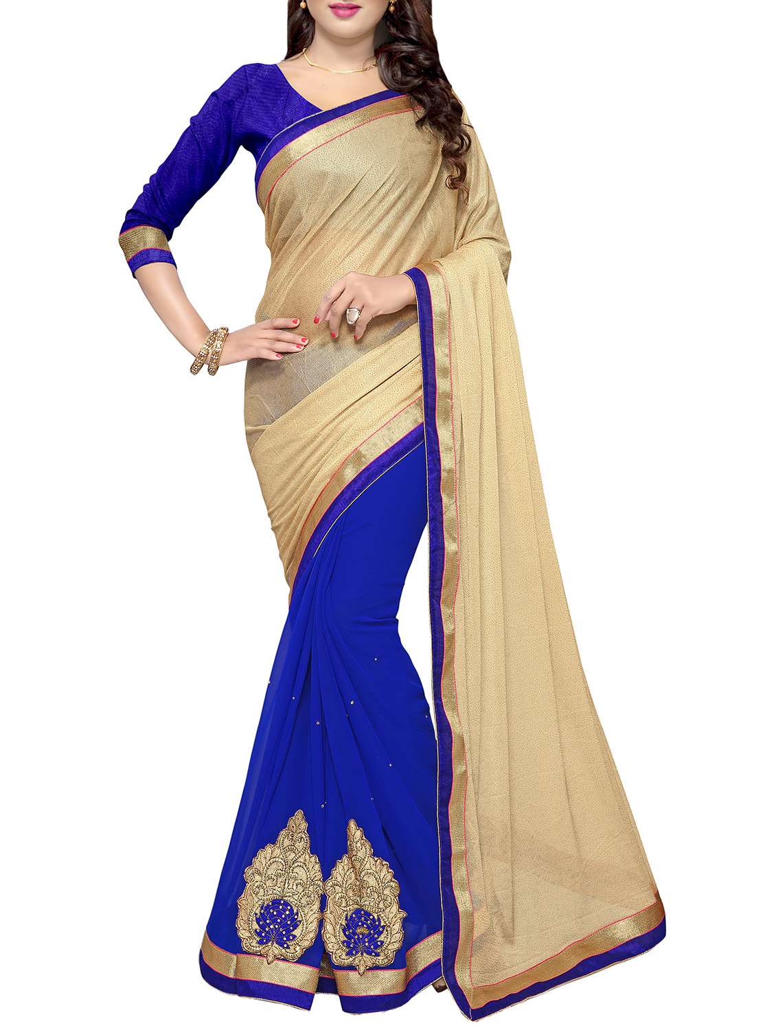 beige & blue half and half saree with blouse