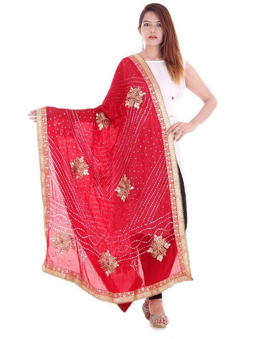 red printed print embroidered dupatta - 14222960 -  Standard Image - 0