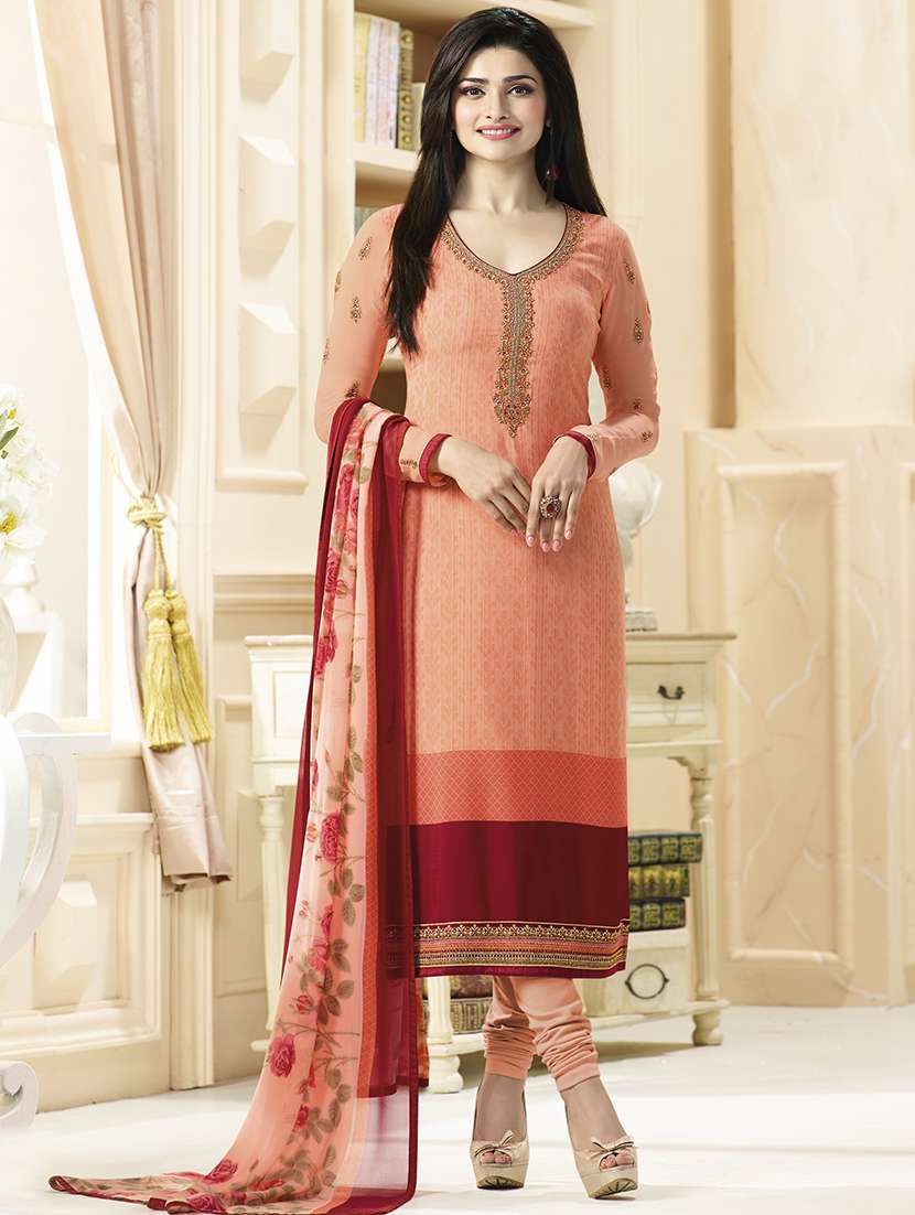 peach semi stitched churidaar suit dress material