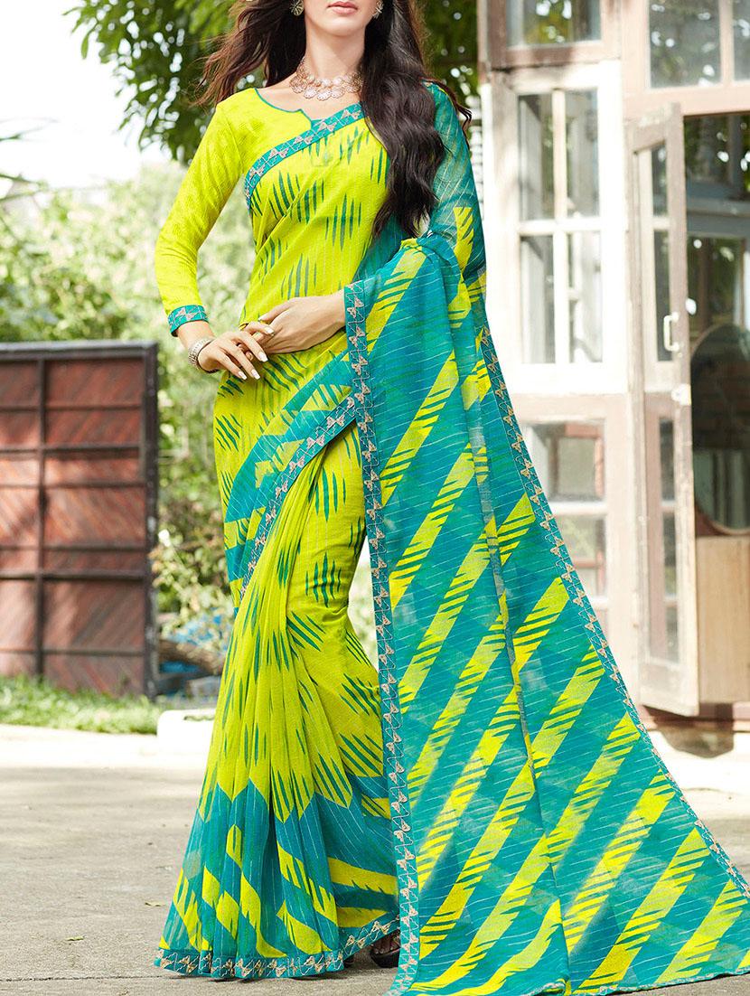 yellow & green printed saree - 14227885 - Zoom Image - 0