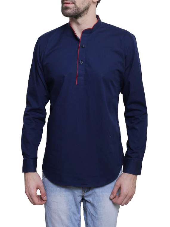 men navy blue solid short kurta