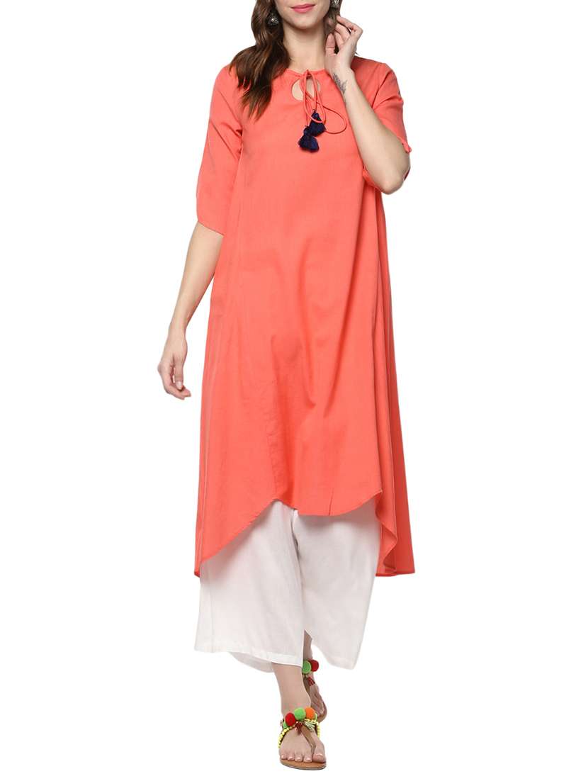 orange cotton high low kurta