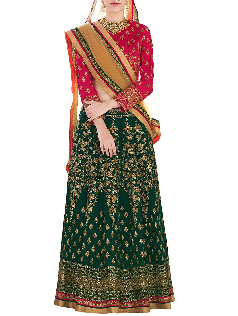 green silk flared lehenga