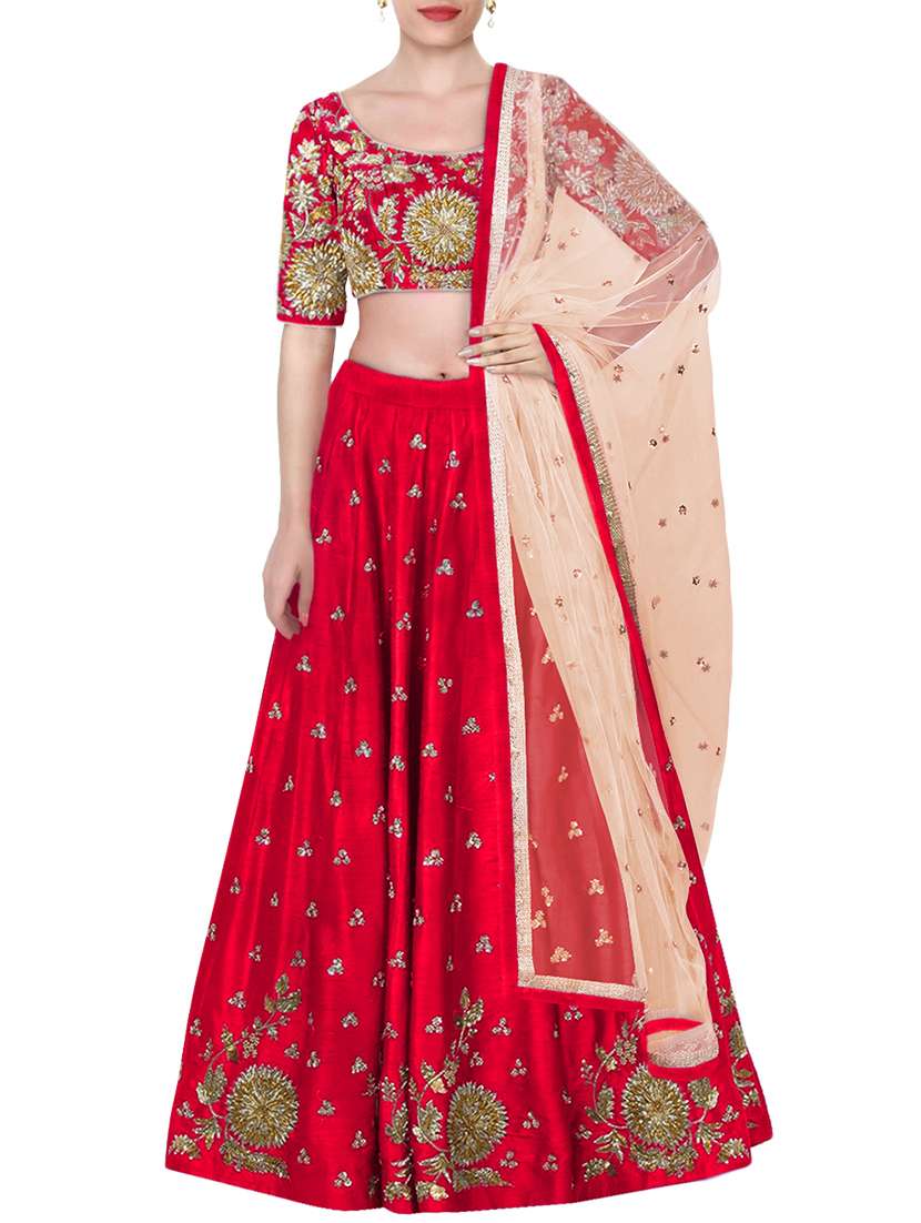 red raw silk embroidered flared lehenga
