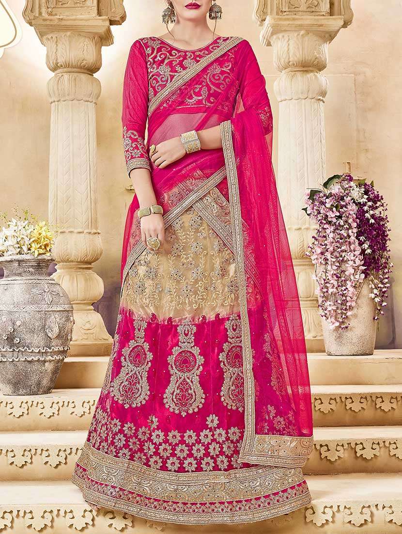 Pink & beige silk panelled lehenga