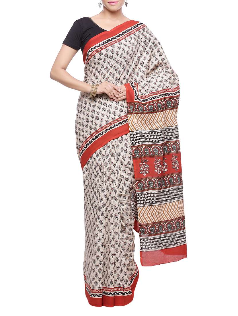 women's printed beige colored saree