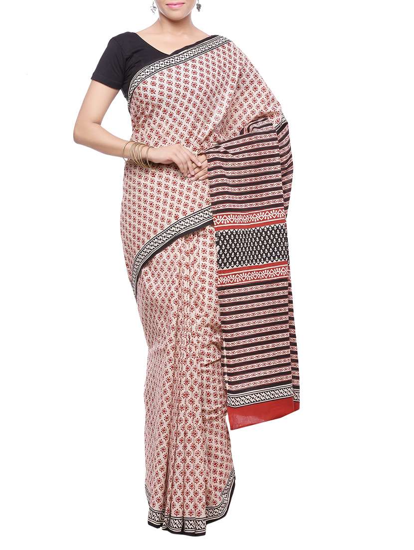 women's printed beige colored saree