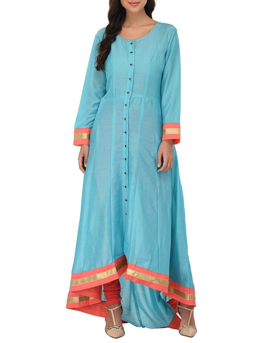 sky blue cotton high low kurta - 14253024 - Zoom Image - 0