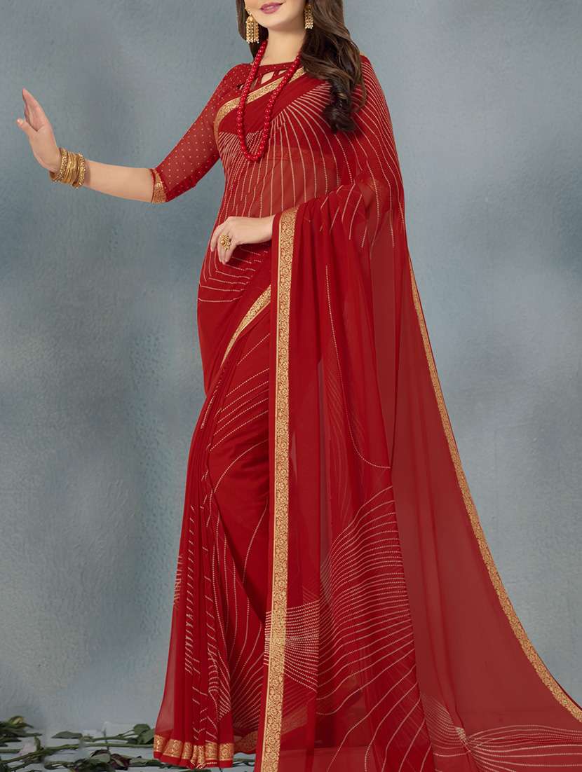 red georgette printed saree with blouse