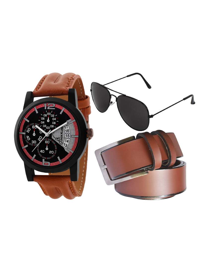 brown strap watch with aviator and belt