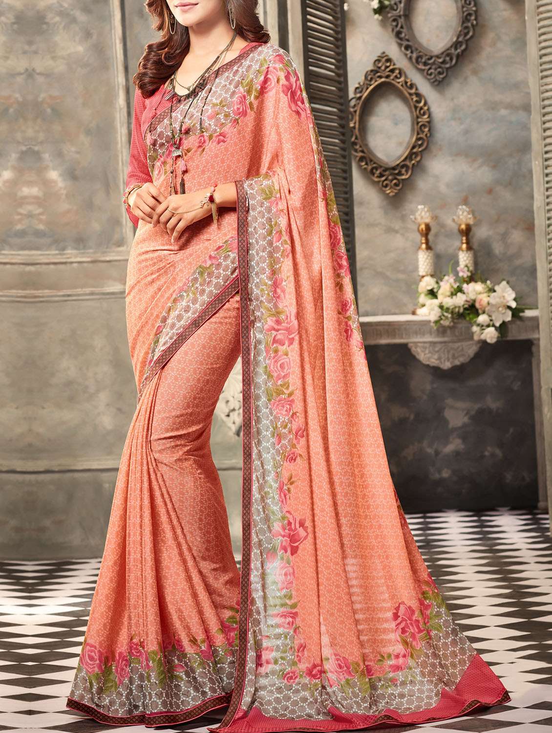 peach georgette printed saree with blouse