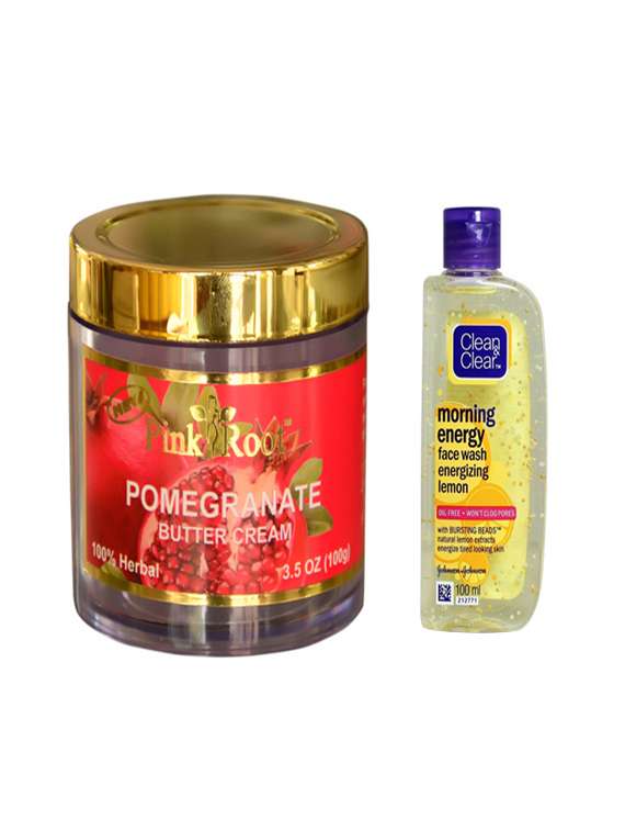 pink root pomegranate butter cream with clean & clear morning energy face wash energizing lemon 