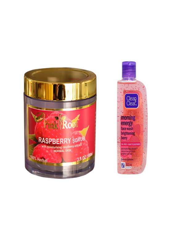 pink root raspberry scrub with clean & clear morning energy face wash brightening berry 