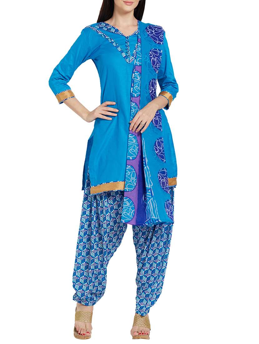 blue cotton patiyala suits unstitched suit
