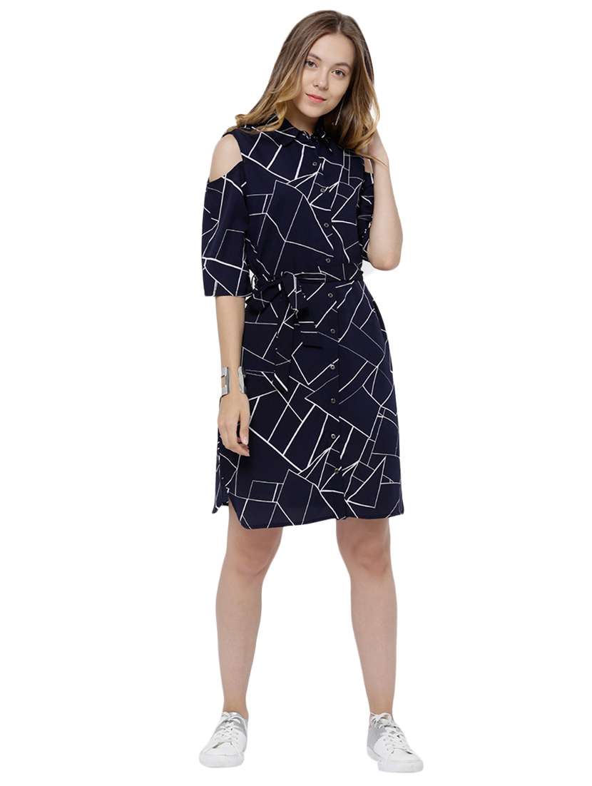 tokyo talkies navy blue printed shirt dress