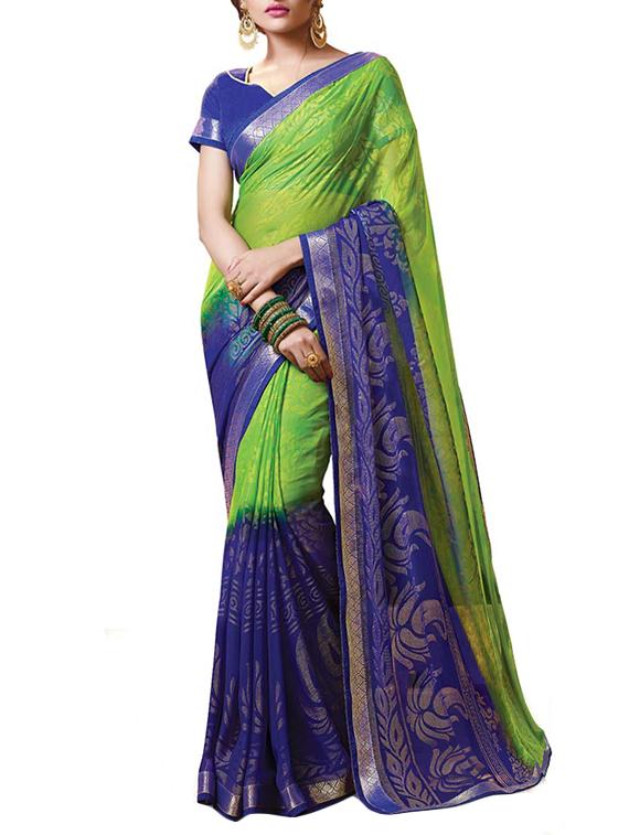 green georgette printed saree with blouse - 14347187 - Zoom Image - 0