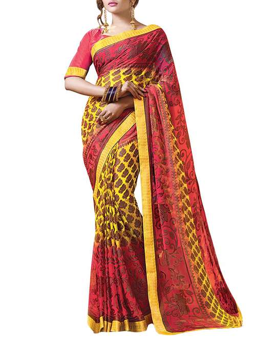 yellow georgette printed saree with blouse - 14347189 -  Standard Image - 0