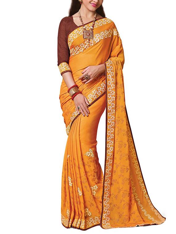mustard georgette embroidered saree with blouse - 14347211 -  Zoom Image - 0