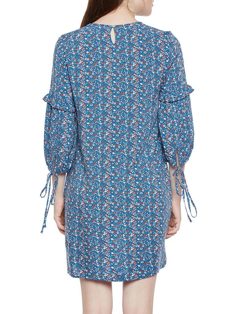 blue floral printed viscose a-line dress - 14349896 - Standard Image - 3
