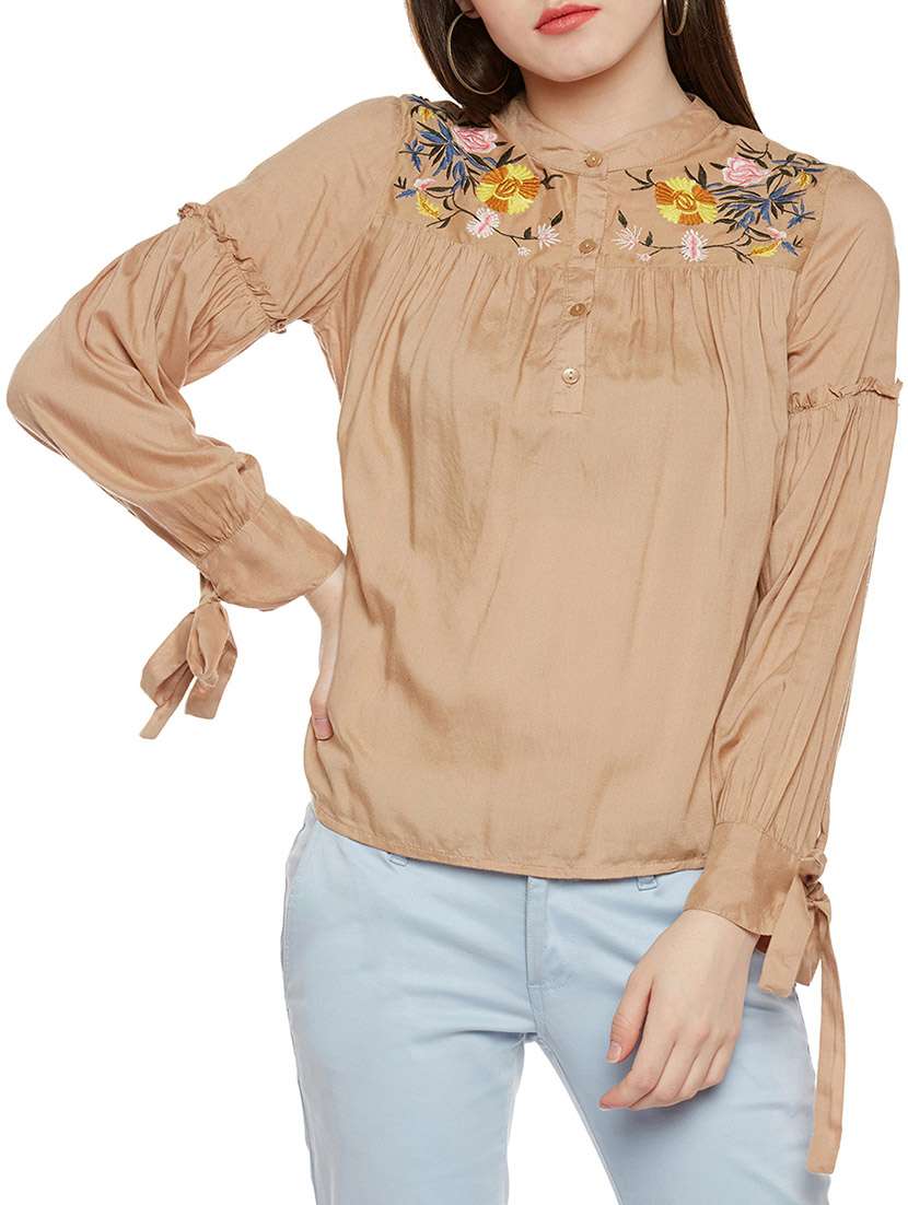 light brown embroidered viscose regular top - 14349973 - Zoom Image - 0
