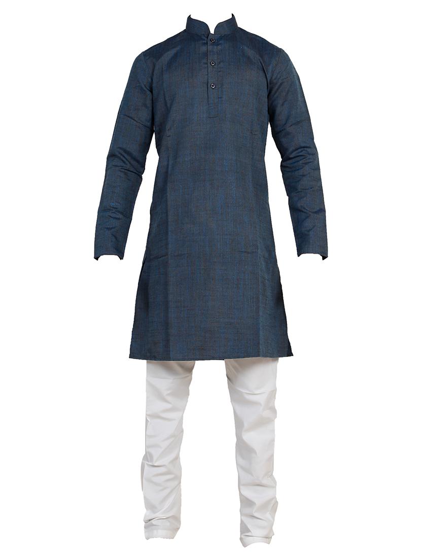 blue and white silk blend kurta set - 14352797 - Zoom Image - 0