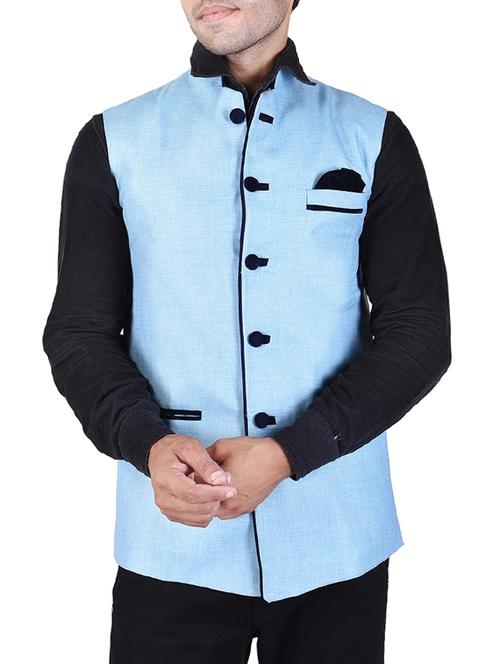 light blue khadi nehru jacket - 14361349 - Standard Image - 0